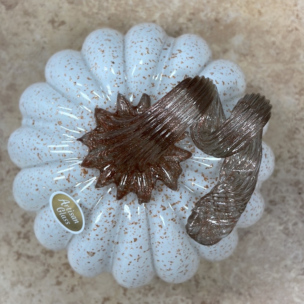 White+Gold Fleck Artisan Hand Blown Glass Fall Harvest Pumpkin Decor - Picture 5 of 5